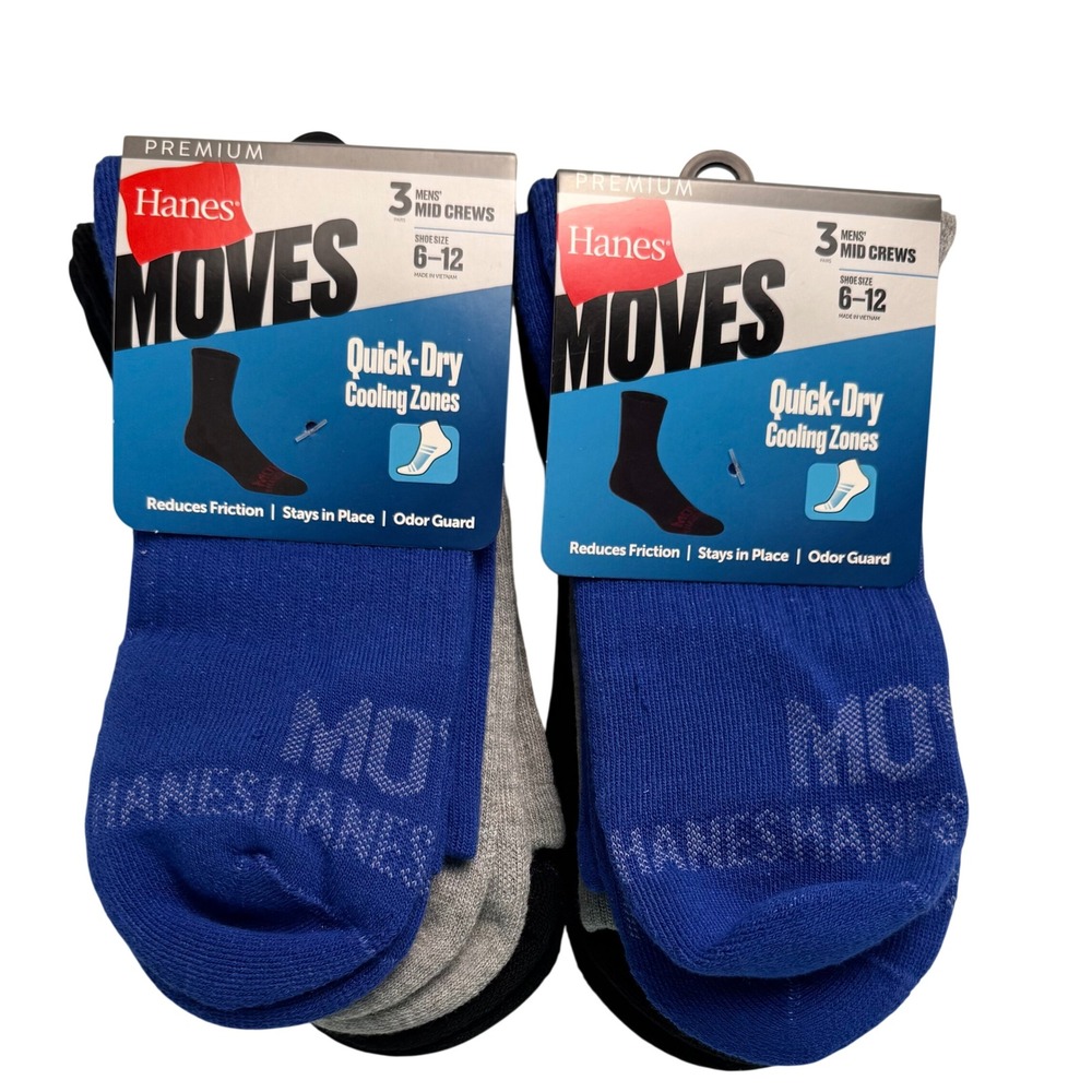 Hanes MOVES Premium Mens Mid Crew Socks 6 Pairs Quick-Dry Cooling